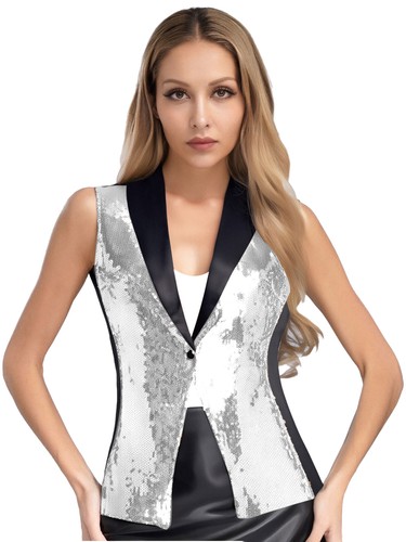 Womens Sequin Suit Vest Shawl Lapel Glitter Waistcoat Jazz Disco Dance Costume - Picture 16 of 63