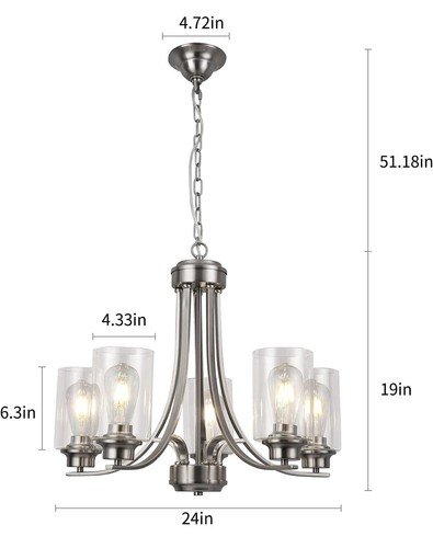 Modern 5 Light Chandelier Brushed Nickel Dining Room Lighting Fixtures with Clea - Picture 2 of 7