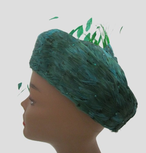 Jack McConnell Green Pillbox Calot Hat Plume Covered Feather Custom Church - Picture 6 of 9