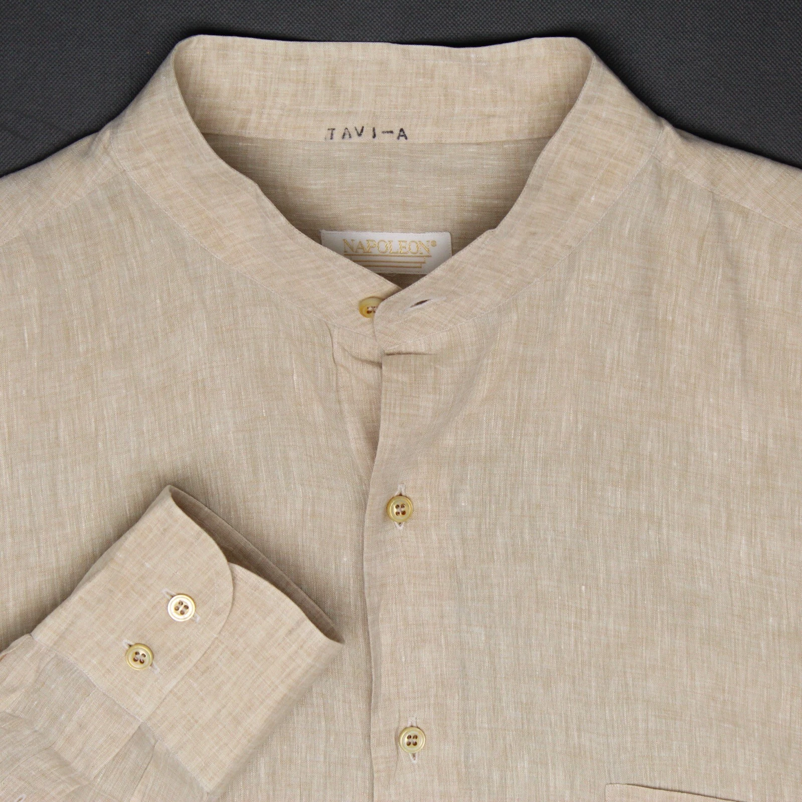 Napoleon Linen Shirt Mens 17 Solid Beige Button Front Band Collar Italy
