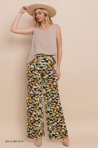 New Womens HIGH WAISTED FOLDOVER TAUPE TROPICAL BOHO SILKY PALAZZO PANTS S M L - Picture 5 of 6