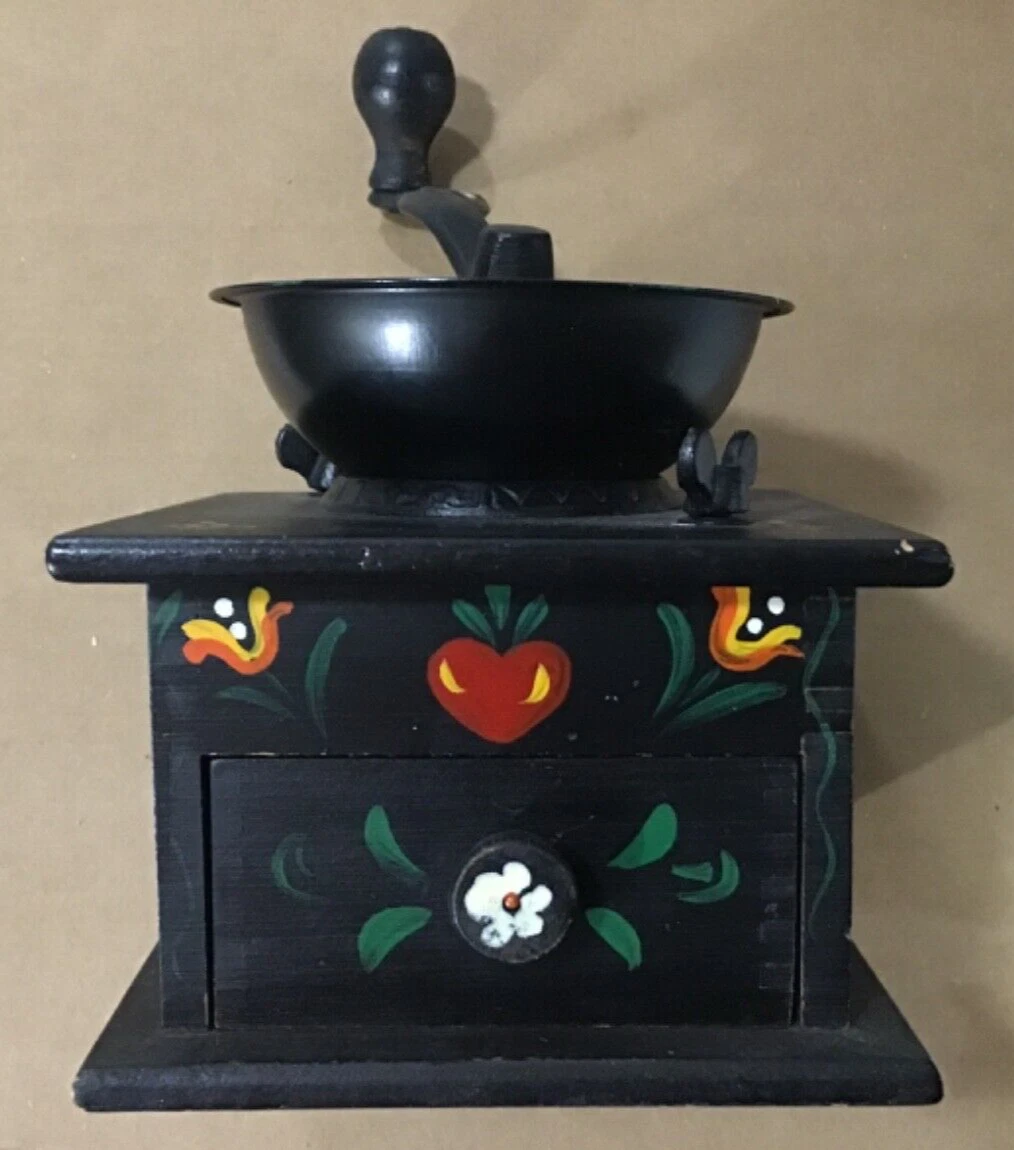 Rare Old WH Co.Metal&Wood coffee/Spice grinder~Dutch Amish Tulips Art Paint~OOAK