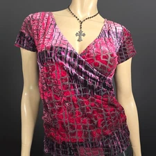 Y2K Snake Print Flocked Velvet Burnout Top Size M Pink Burgundy V Neck