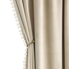 Beige Pom Pom Velvet Curtains for Bedroom/Living Room Cream Darkening Thermal...