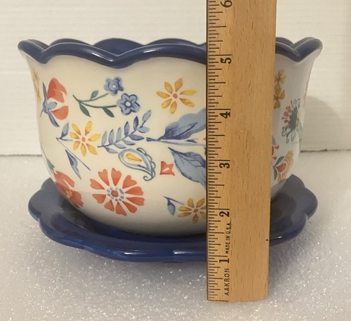 PIONEER WOMAN Maize TEACUP PLANTER POT 5 1/2” Tall Floral With Birds - Picture 7 of 8