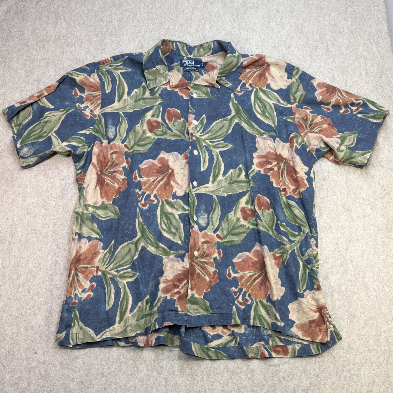 Polo Ralph Lauren Vintage Camp Shirt Floral Watercolor Mens XXL Blue Linen Blend