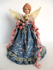 Vintage Angel Tree Topper 12" Blue & Pink Floral Roses Lace Handmade Christmas