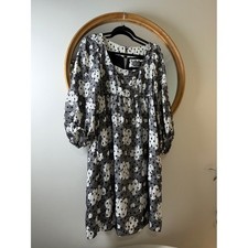 Anthropologie Black & White Floral Puff-Sleeve Midi Dress comfort flowy
