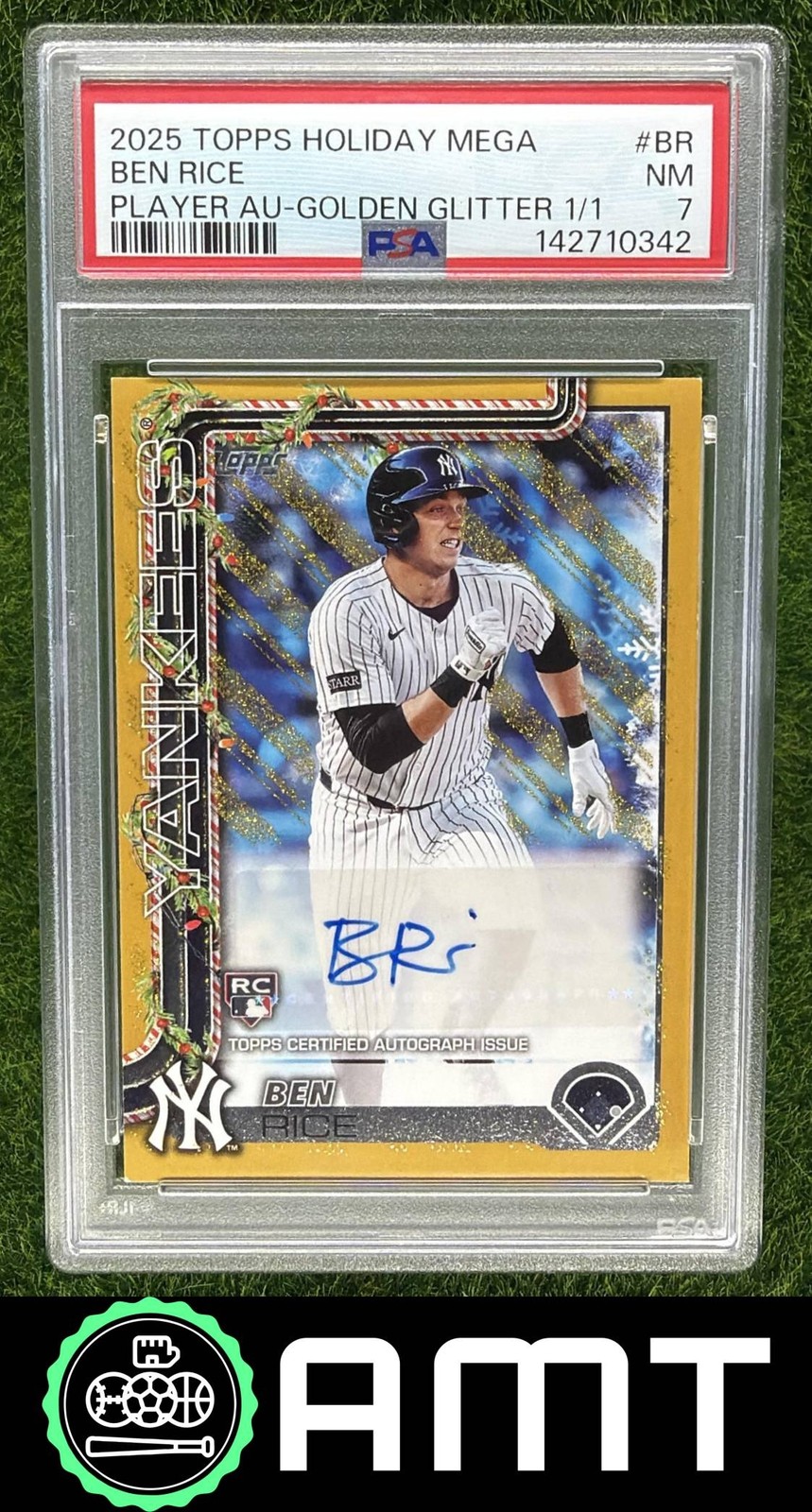 Ben Rice RC Auto PSA 7 2025 Topps Holiday 1/1 Golden Glitter Yankees 0342