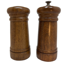 SET of Wood Salt Shaker  Pepper Mill Grinder 6" VTG Chunky Heavy Sturdy Kitchen