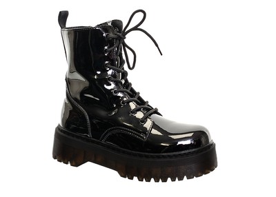 black patient patent military lace up boots with chunky sole