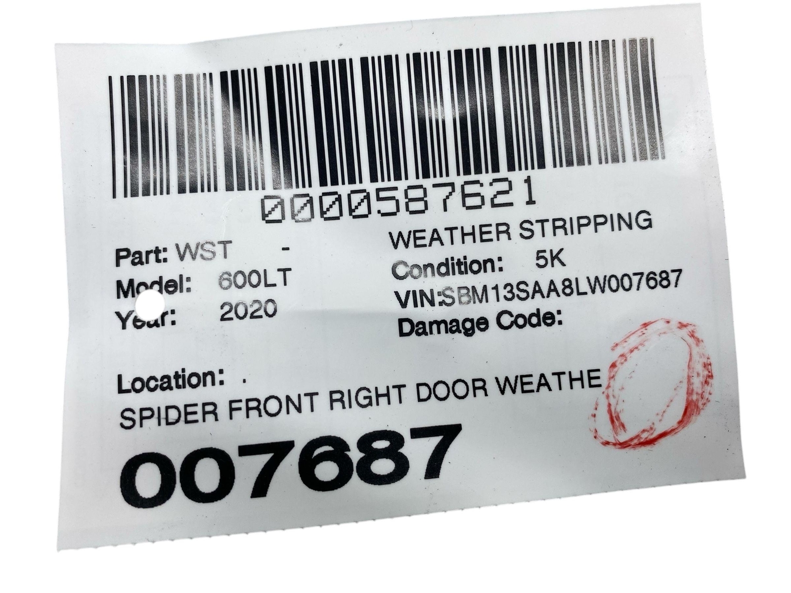 2019 2020 2021 MCLAREN 600LT SPIDER FRONT RIGHT DOOR WEATHER STRIP OEM