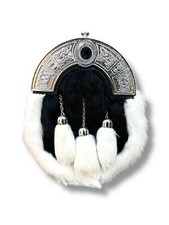 Men's Scottish Black and White Fur Sporran 3 Tassels sporran With Chain Belt