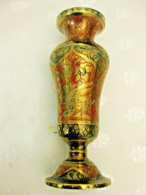 Vintage indische Messing große Vase mit buntem Blumenmuster, Handarbeit 1114g