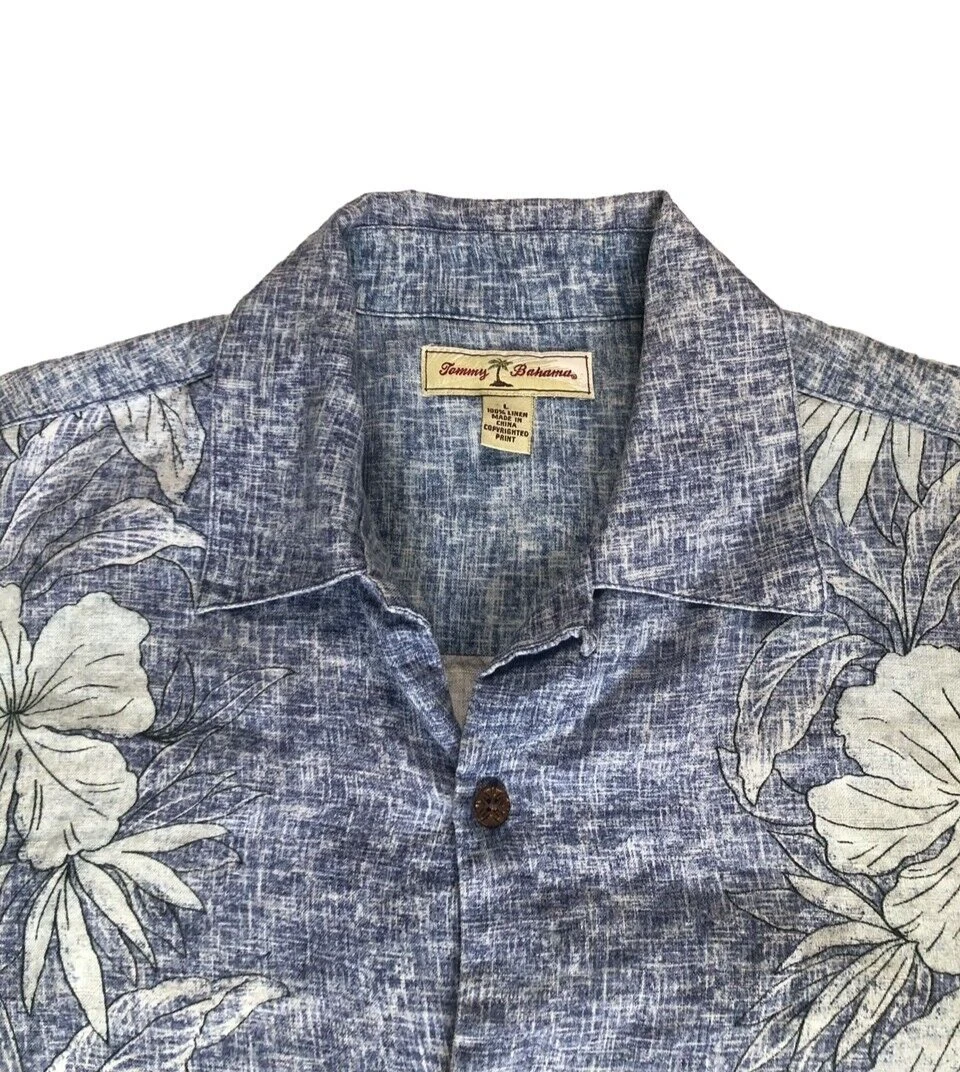 Tommy Bahama Linen Shirt Size L Relax Short Sleeve Blue Floral Tropical Coastal