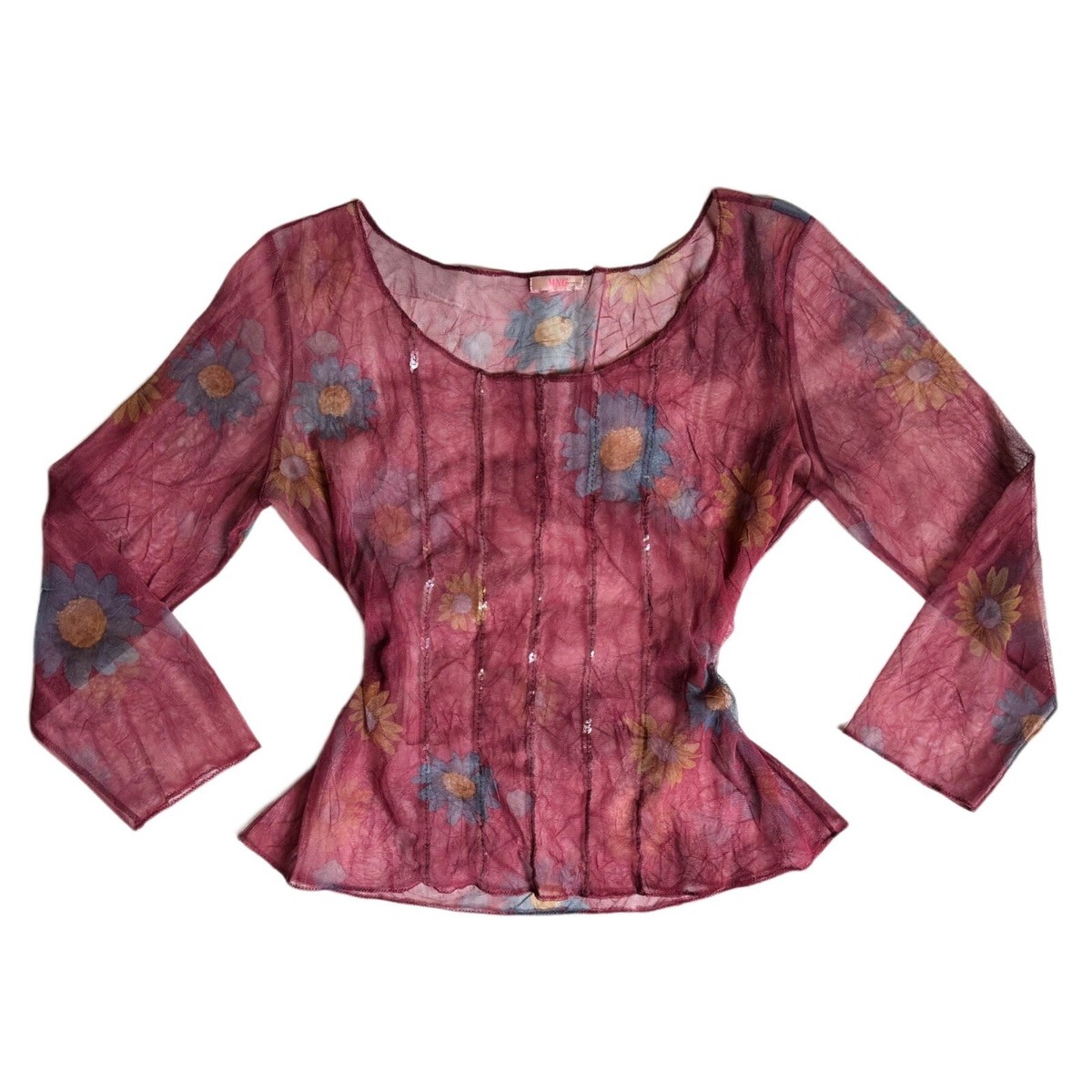 Y2K 2000s Mango floral mesh sequin beaded silky blouse top