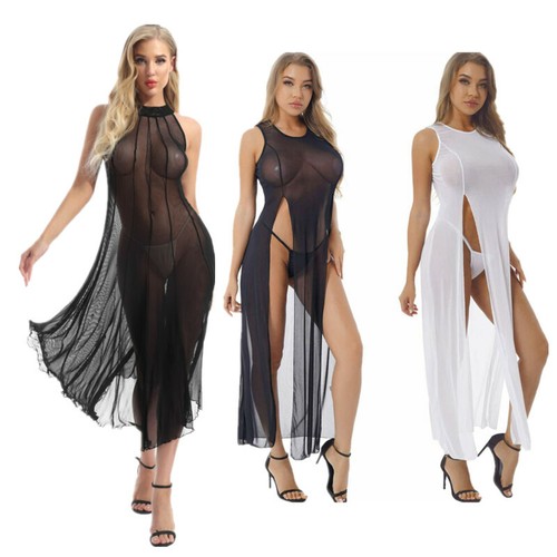 Women Sheer Mesh Long Maxi Dresses Sleeveless Cover Ups+Thong Party Evening Wear - Picture 1 of 37