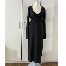 Little Mistress Lois Black Ribbed Tie-Back Detail Bodycon Midi Dress Size 24