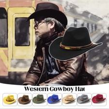 Unisex Faux Wool Felt Western Cowboy Hat with Belt Wide Brim Tibetan Cap