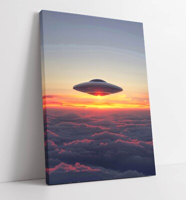SCHWEBENDES UFO SCHWEBEND ÜBER DEN WOLKEN - TIEF GERAHMTER LEINWANDBILD-WANDKUNSTDRUCK