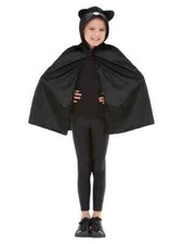 Girls Cat Costume Cape Hooded Black Cat Child Kids Halloween Ages 5-10 NEW