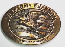 NRA FIREARMS FREEDOM Brass Belt Buckle Guns Eagle Flag Made In USA Patriotic