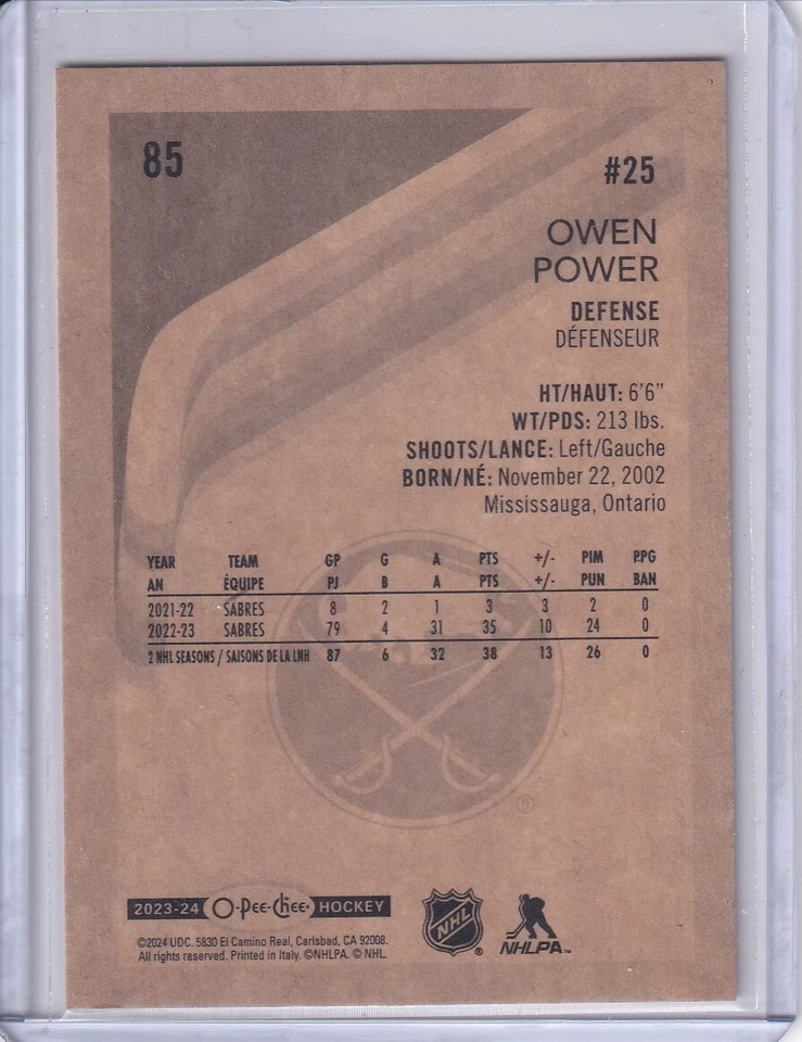 2023-24 O-PEE-CHEE Retro Owen Power Buffalo Sabres! #85 - Image 2 of 2