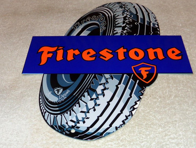 VINTAGE FIRESTONE GUM DIPPED TIRES 12'' METAL TIRE GASOLINE & OIL SIGN PUMP PLATE
