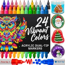 24 Acrylic Paint Markers Dual Tip Pens for Rock Wood Glass Fabric Crafts