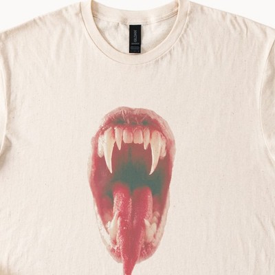 Aggressive Fanged Mouth Graphic Tee Photorealistic Design