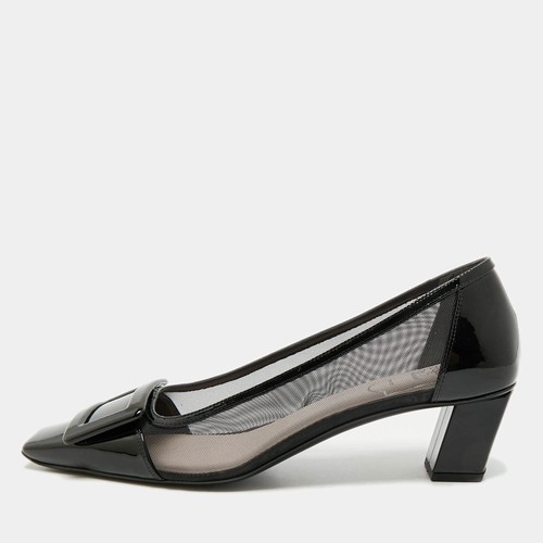 Roger Vivier Belle Vivier Size 39 Black Net and Patent Leather Block Heel Pumps