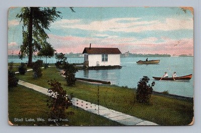 Antique Wisconsin Postcard SHELL LAKE Burgs Point Boating 1909