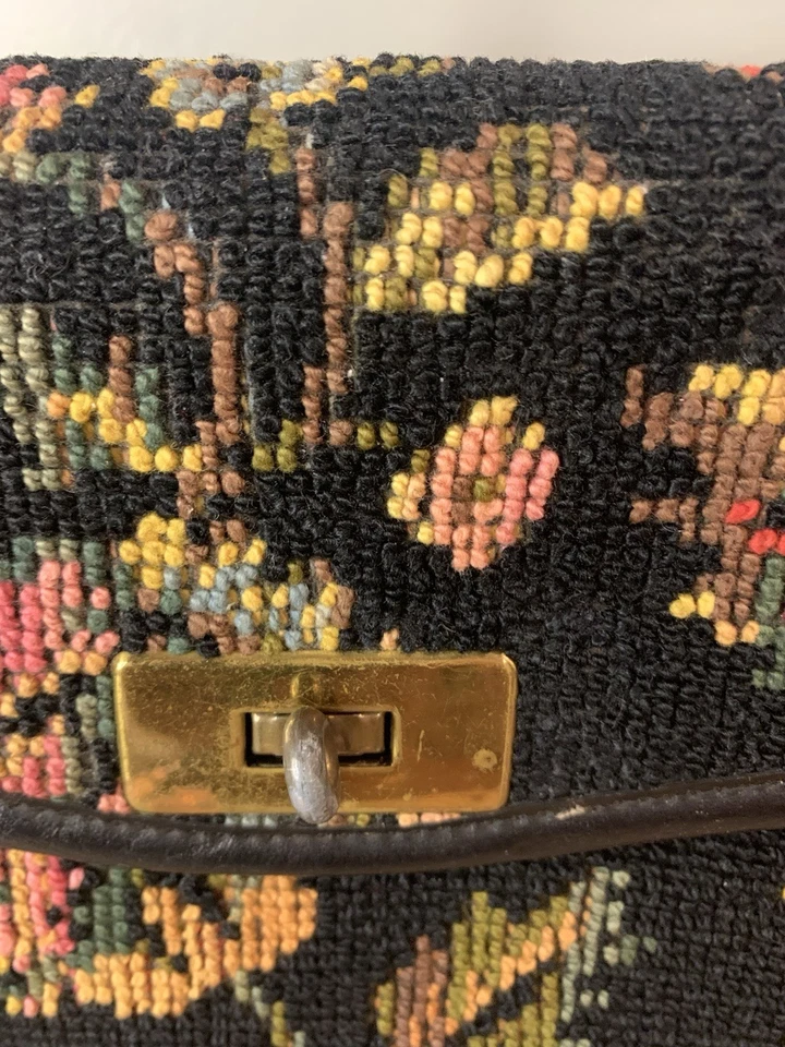 Vintage Olla Women’s Purse Carpet Bag Needlepoint Tapestry Floral Black - Image 2 of 4