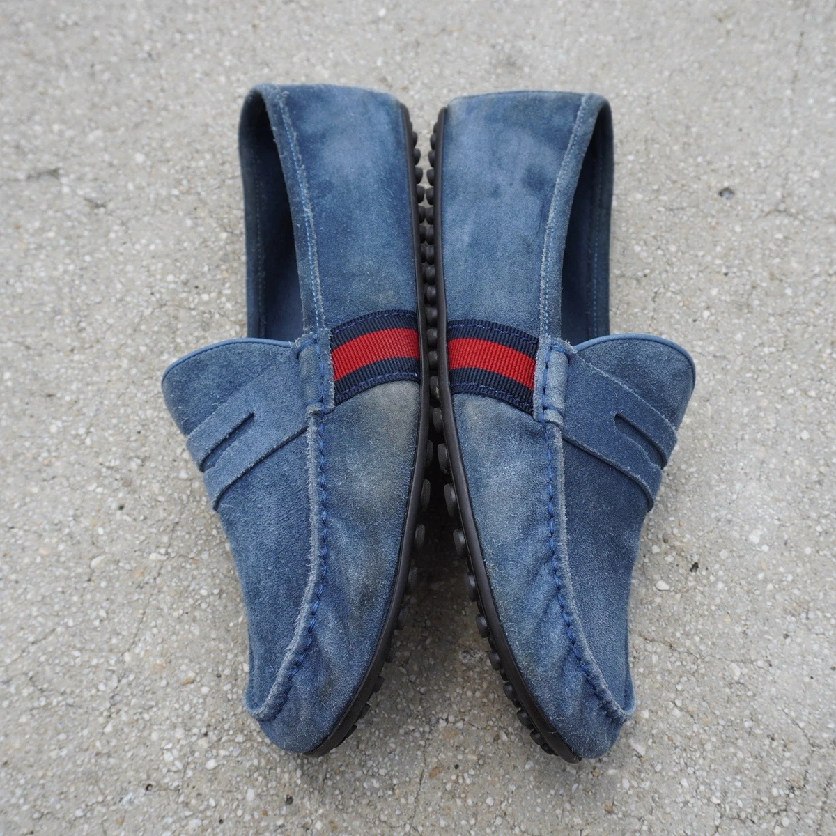 $1,090 GUCCI - Navy Blue Suede Unlined Venetian Loafers - US 9 (8.5G) Gucci Suede Blue Dress Shoes for Men for sale | eBay main image 3