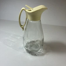 Log Cabin Glass Syrup dispenser Pitcher White Plastic Top 7.5" Vintage