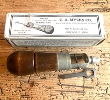C.A. MYERS SEWING AWL-VINTAGE,IN BOX-SEWS LEATHER QUICK-INSTRUCTIONS-WOOD HANDLE