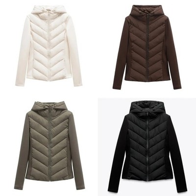 Damen Elegant Mode Patchwork Langarm Stehkragen Kapuze Baumwolle Jacke