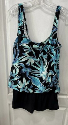 Maxine of Hollywood Women s Swim Dress 18 Blue Tropical Slimming Side Tie