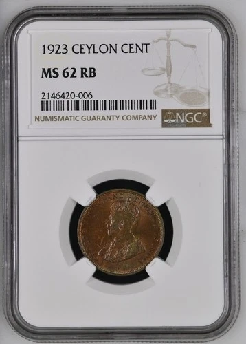 mw29003 Ceylon Copper Cent 1923 George V  NGC MS 62 RB  KM#107