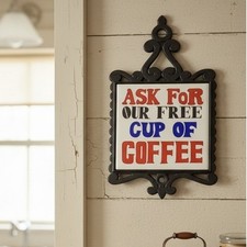 Cast Iron Trivet "Ask For Our Free Cup Of Coffee", Vintage Hot Plate/ Tableware