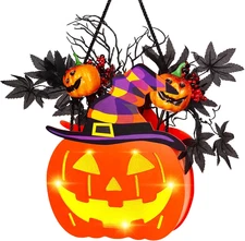 Blctec Halloween Pumpkin Lights, 10 Inch Lighted Big Halloween Wooden Pumpkin wi