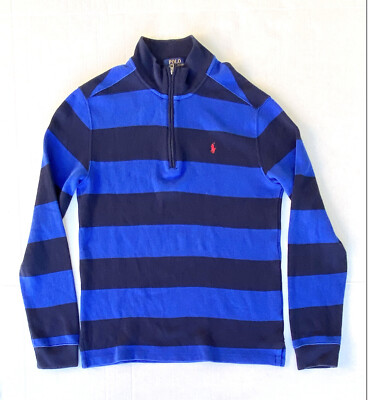 Boys Polo Ralph Lauren Blue Striped 1/4 Quarter Zip Pullover Sweater sz XL