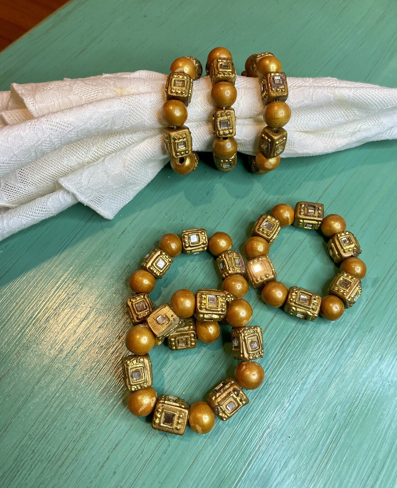 Pier 1 Gold bead and jeweled napkin rings Set Of 6 Boho napkin rings