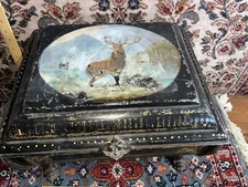 Antique German? Hand Painted Iron Coal Scuttle Bin Fire Wood Holder 