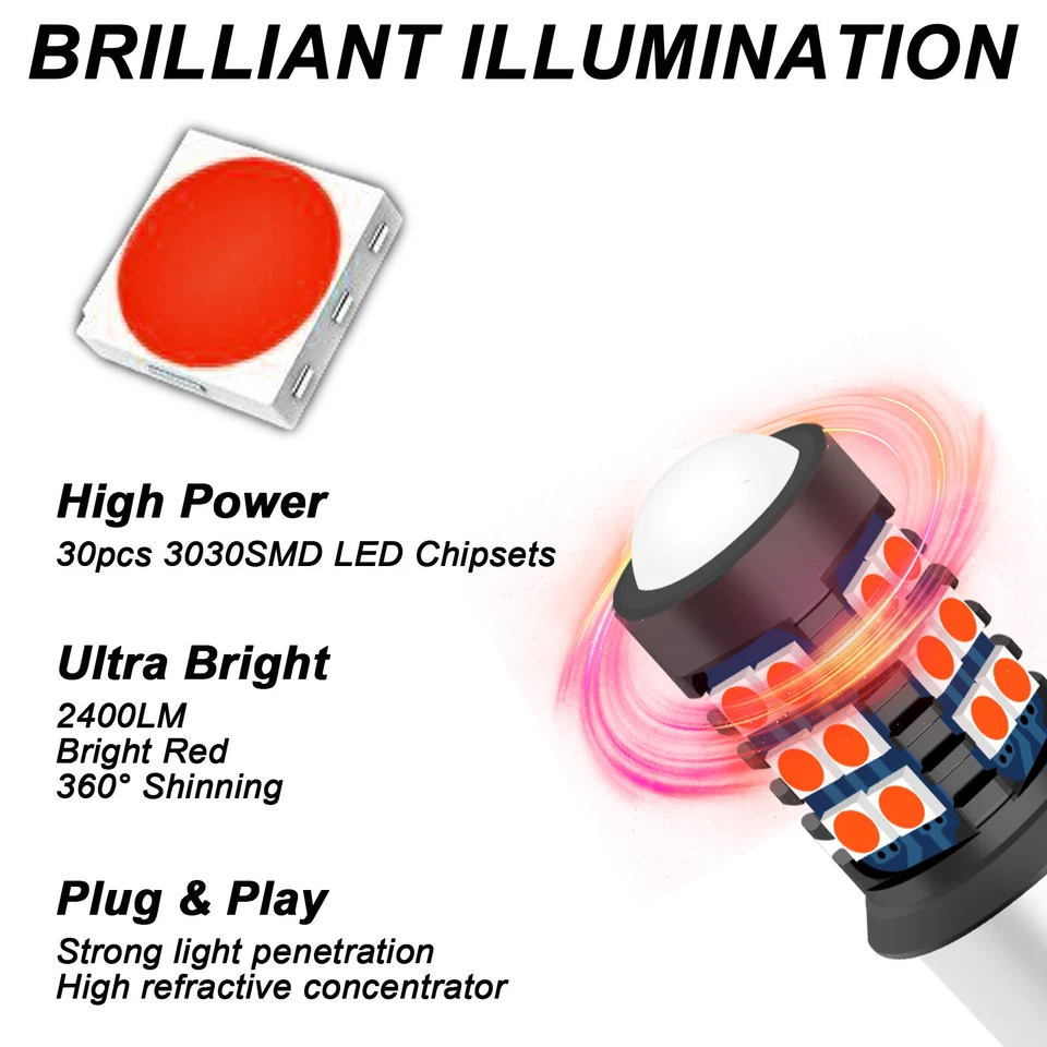 2XPcs BA15s 1156 P21W Bombillas LED Rojo Brillante Alto Brillo 3030SMD Luz de Señal de Giro Foto 4 de 4