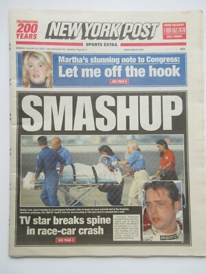 New York Post August 12, 2002 Jason Priestly racecar crash Martha
