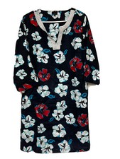 Talbots Tunic Dress L Linen Navy Blue Floral Notch Neck Shift Casual Embellished