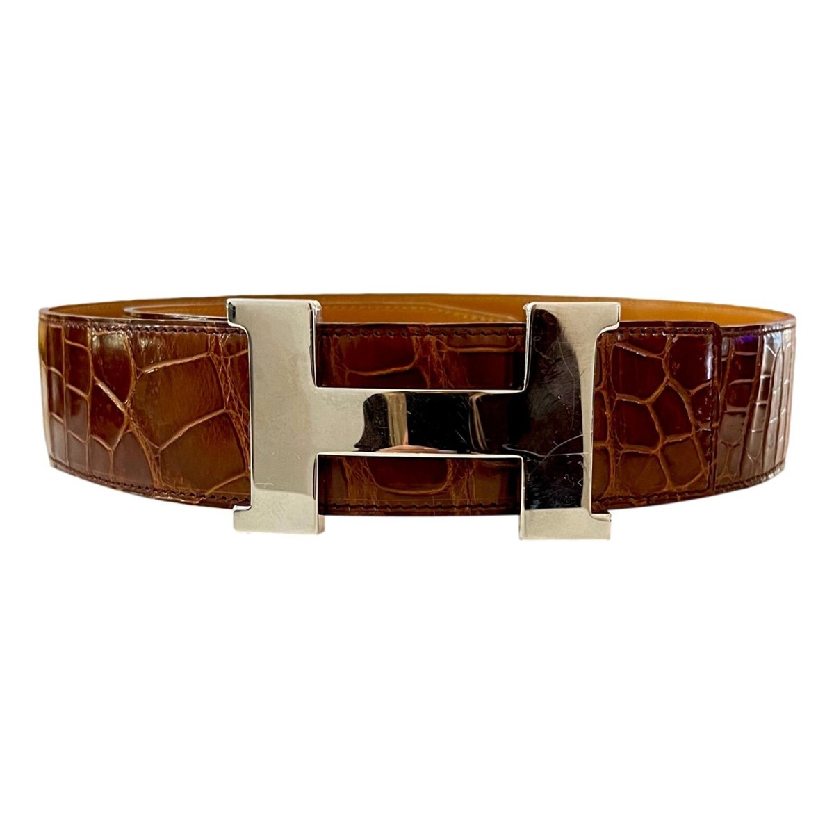 Hermes Shiny Crocodile Skin Belt With Large 'H' Palladium Buckle