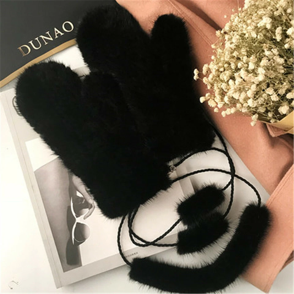 Women's Double Side Real Mink Fur Gloves Warm Knitted Elastic Mittens W String - Image 3 of 4