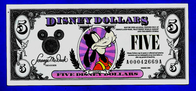 SELTENE 1990 AUSGABE USA DISNEY ''''GOOFY'''' DOLLAR fünf Dollar ''''D'''' Serie AUNC